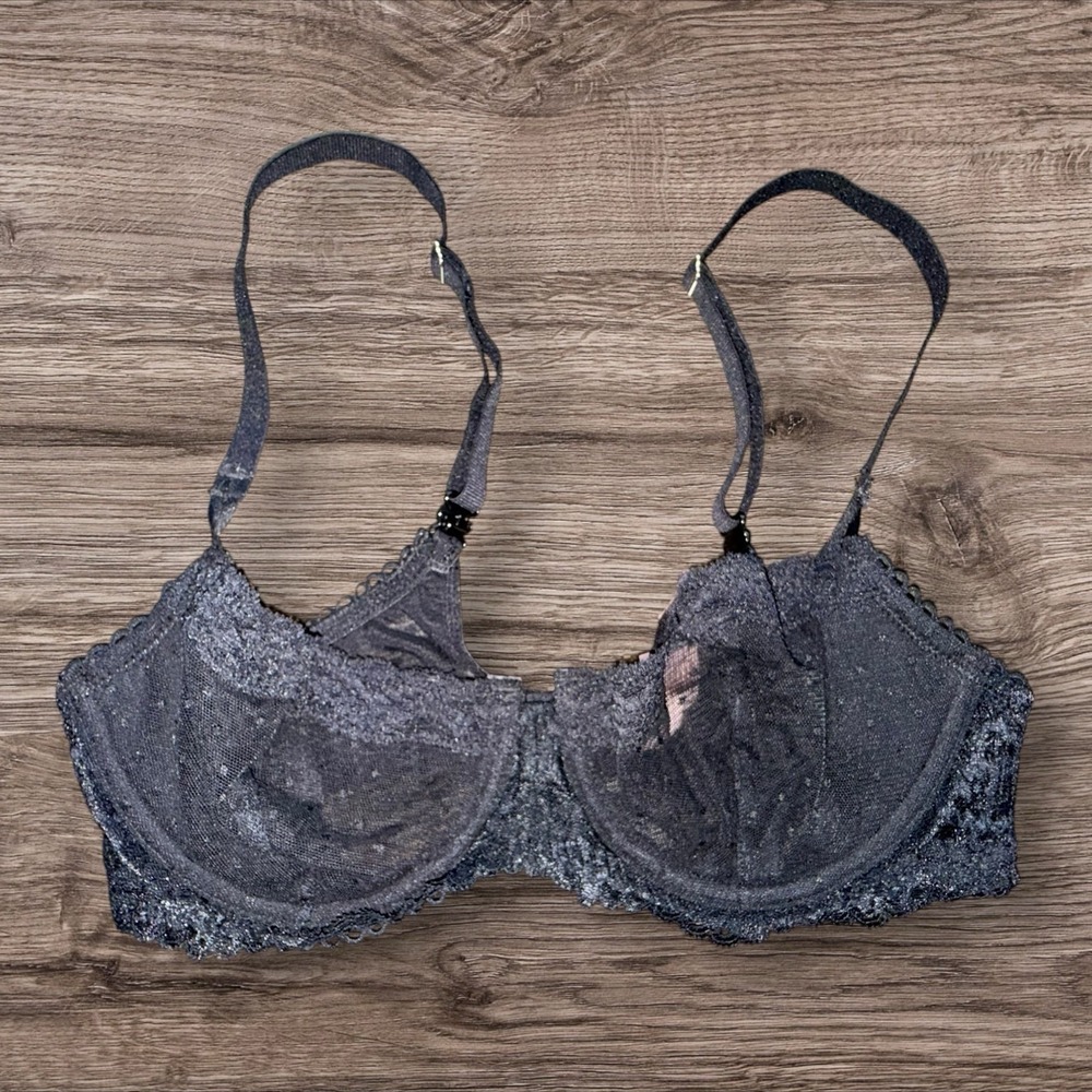 DOBREVA Black Shimmer Lace Underwire Bra 36B Sheer Mesh Lingerie